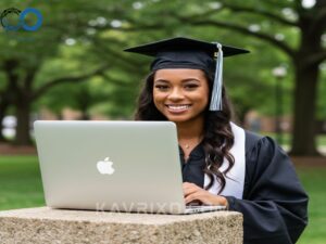 a-graduate-in-cap-and-gown-closes-their-macbook-air-on-graduation-day