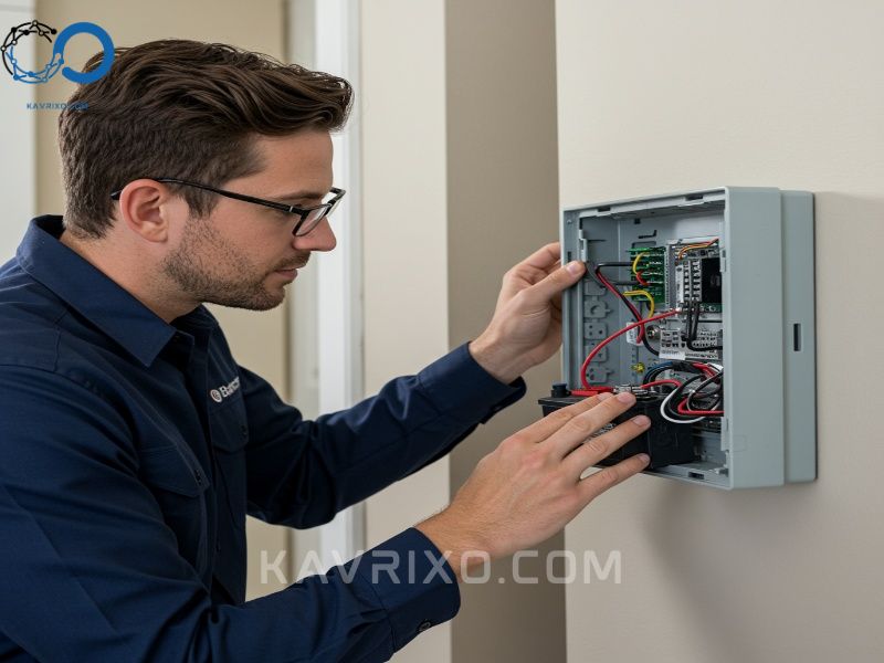 a-technician-performing-crucial-burglar-alarm-maintenance-checks-on-the-main-control-panel-battery-and-wiring-harness