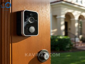 camara-de-timbre-inteligente-moderna-integrada-en-un-elegante-marco-de-puerta-de-madera-en-un-soleado-barrio-de-napoles