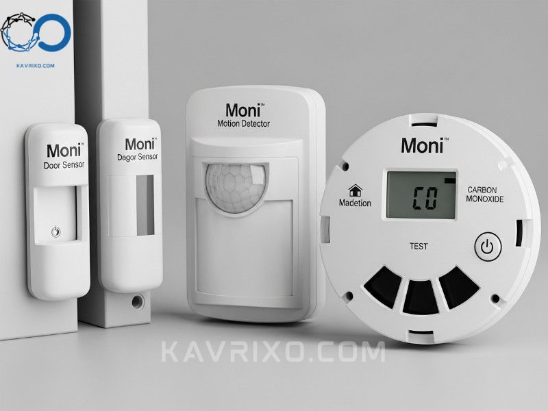 close-up-de-componentes-esenciales-del-sistema-de-alarma-moni-sensor-de-puerta-detector-de-movimiento-y-co