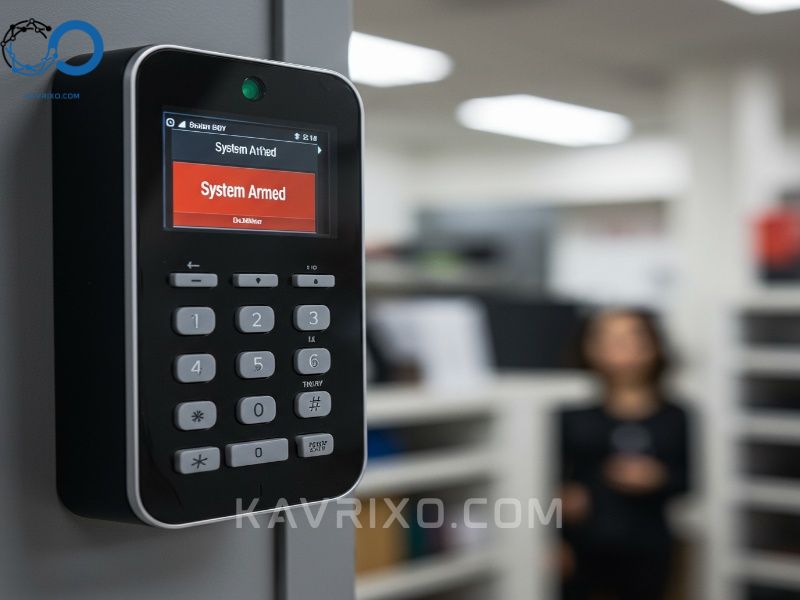 close-up-of-a-security-alarm-keypad-displaying-system-armed