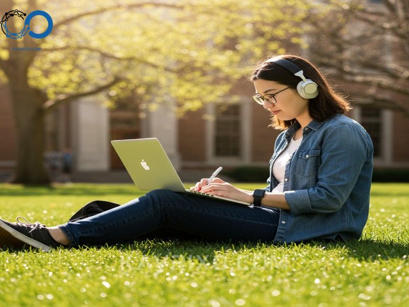 college-student-studying-lecture-notes-on-a-macbook-air-while-sitting-on-a-sunny-lawn
