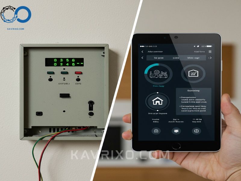 comparacion-de-panel-de-alarma-cableado-antiguo-con-panel-de-seguridad-tactil-moderno