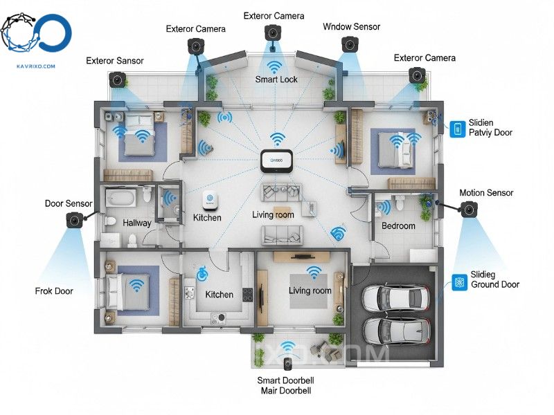 comprehensive-layout-of-modern-home-security-products-integrated-across-a-smart-home-property