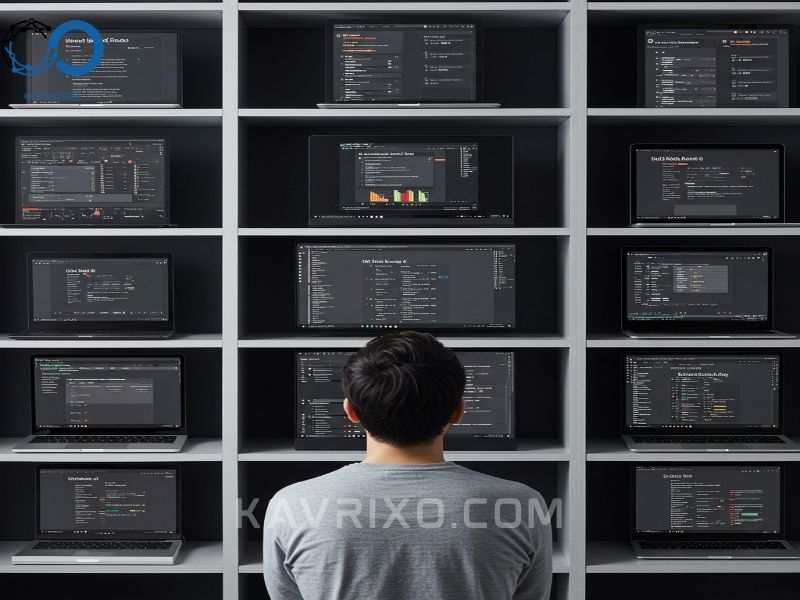 confused-person-staring-at-a-digital-shelf-of-laptops-overwhelmed-by-complex-technical-specifications