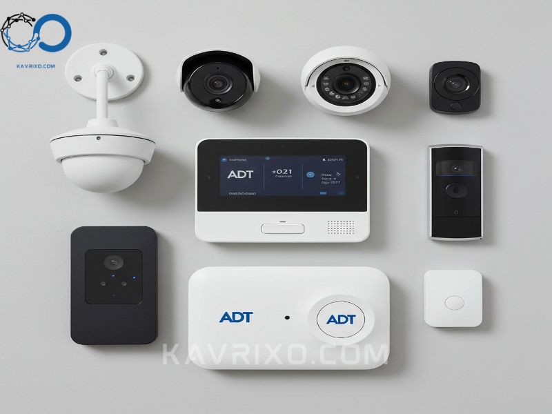 flat-lay-of-adt-security-system-components-control-panel-indoor-camera-outdoor-camera-and-video-doorbell