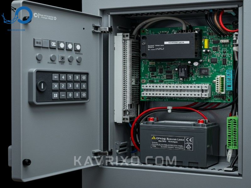 gabinete-de-panel-de-control-de-seguridad-abierto-que-muestra-placa-de-circuito-cableada-y-bateria-de-respaldo