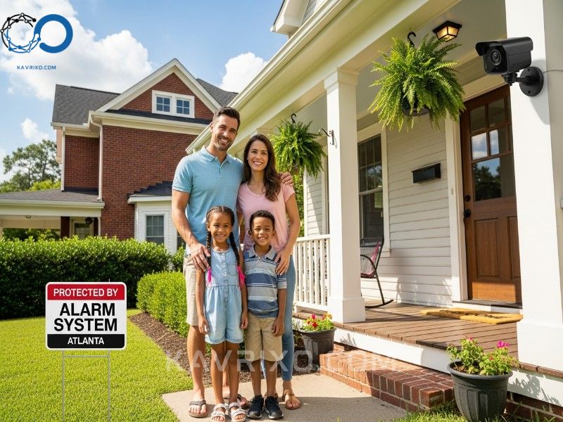 happy-family-on-the-porch-of-their-atlanta-home-protected-by-a-visible-security-camera-and-yard-sign