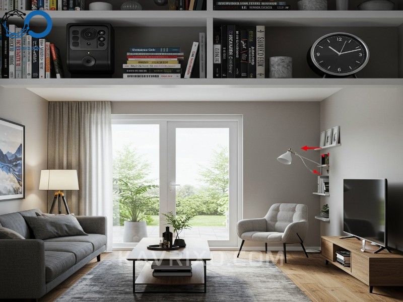 hidden-camera-clock-strategically-placed-on-a-high-bookshelf-in-a-living-room-to-monitor-the-entrance-and-sofa