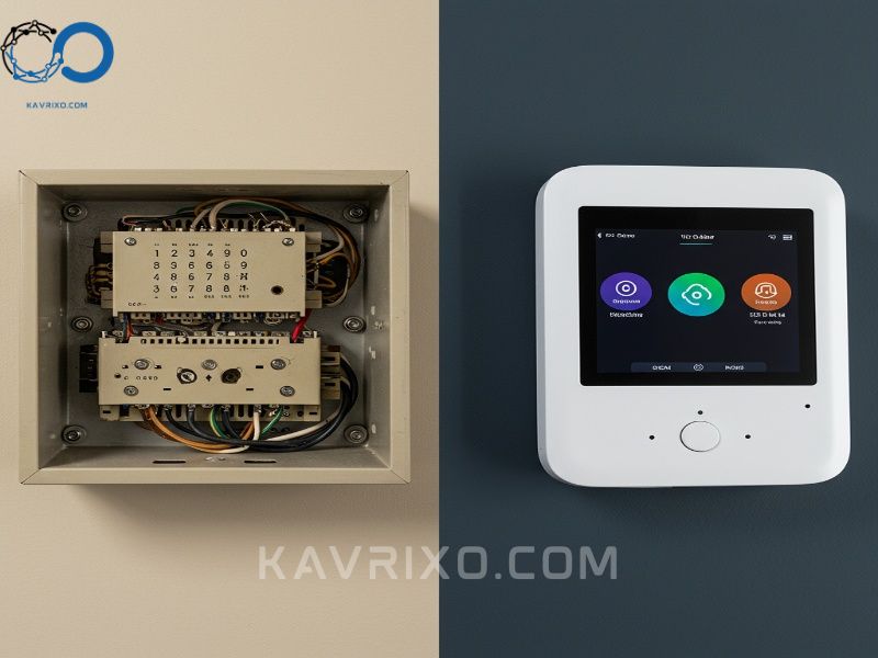 historical-comparison-of-an-old-hardwired-security-panel-versus-a-modern-wireless-security-alarm-panel