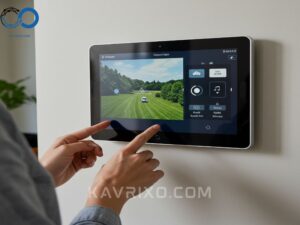 homeowner-arming-a-sleek-modern-touchscreen-security-system