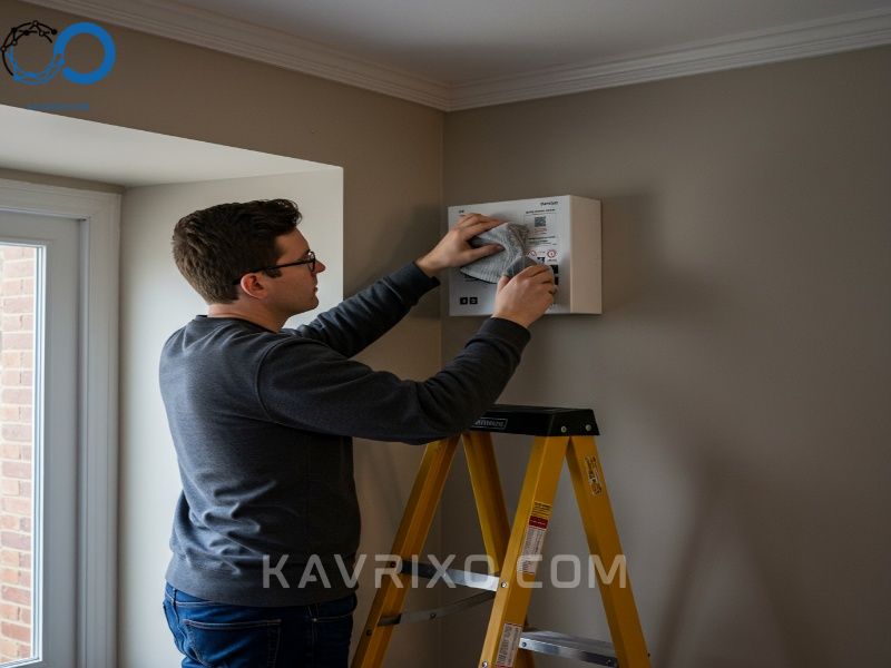 homeowner-performing-maintenance-and-dusting-on-residential-fire-detection-systems