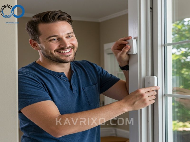 homeowner-smiling-while-installing-a-wireless-security-sensor-on-a-window-frame