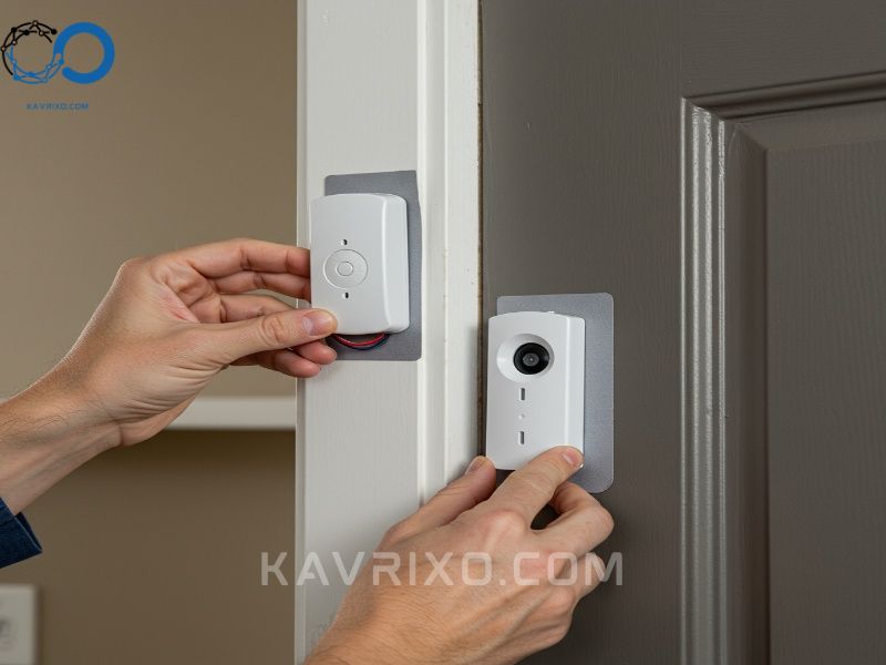 instalacion-de-un-sensor-de-alarma-inalambrico-en-el-marco-superior-de-una-puerta-con-tiras-adhesivas