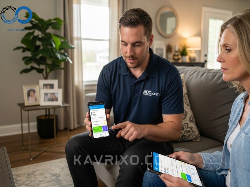 instalador-demonstra-recursos-do-aplicativo-de-seguranca-residencial-no-smartphone-para-o-proprietario