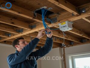 instalador-en-atico-enrutando-cable-ethernet-poe-para-sistema-de-seguridad