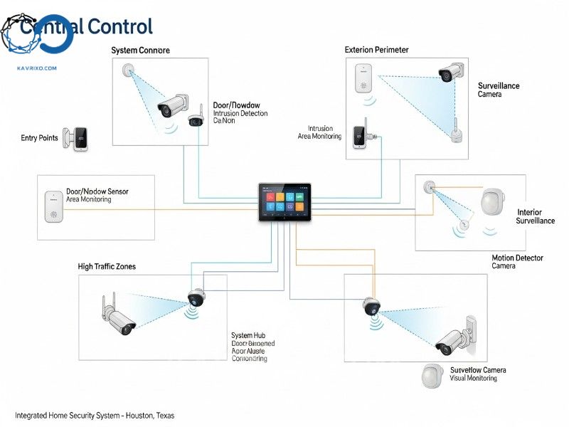 integrated-home-security-systems-houston-texas-showing-alarm-panels-sensors-and-security-camera-placement