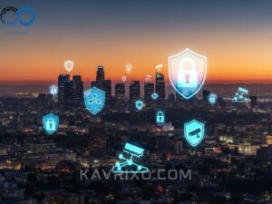 la-skyline-at-dusk-overlaid-with-transparent-digital-security-icons