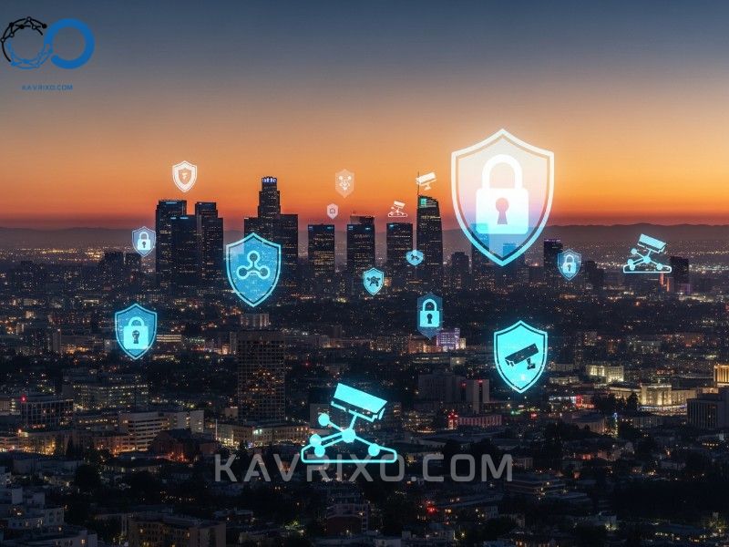 la-skyline-at-dusk-overlaid-with-transparent-digital-security-icons