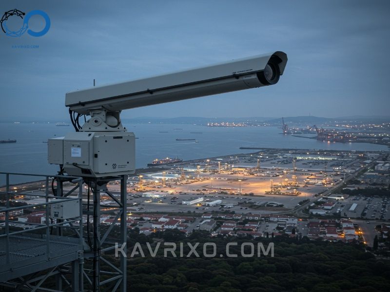 long-range-security-camera-on-a-communications-tower-overlooking-an-industrial-port