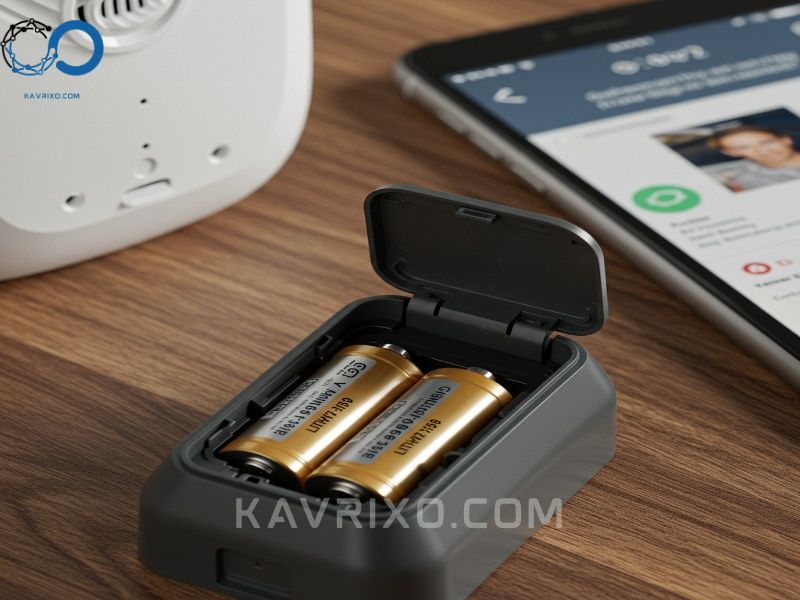 maintenance-view-of-a-battery-powered-security-alarm-sensor-showing-the-internal-batteries-and-a-corresponding-low-battery-alert-on-a-mobile-device