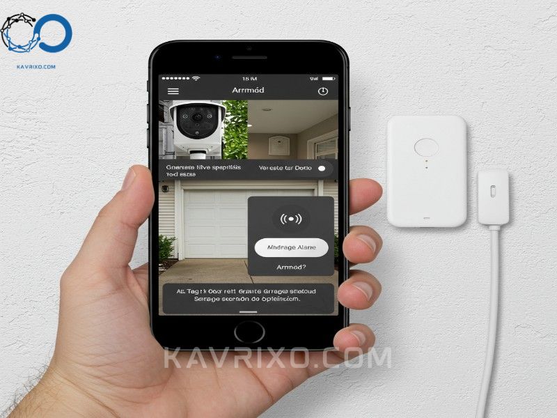 mobile-app-interface-displaying-live-camera-feed-and-armed-status-of-a-smart-garage-security-system-and-garage-door-alarm