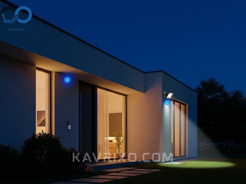 modern-home-at-night-with-blue-indicator-lights-from-installed-security-cameras