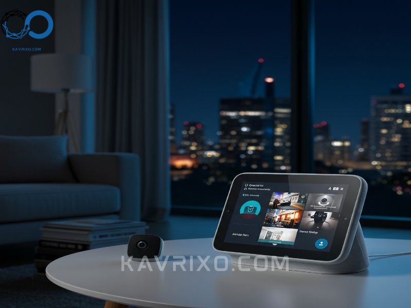 night-view-of-a-modern-living-room-with-a-nest-hub-showing-armed-security-and-camera-feeds