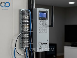 panel-de-control-de-seguridad-hibrido-montado-en-la-pared-con-cables-organizados-y-antena-inalambrica