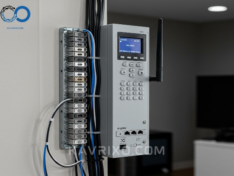 panel-de-control-de-seguridad-hibrido-montado-en-la-pared-con-cables-organizados-y-antena-inalambrica