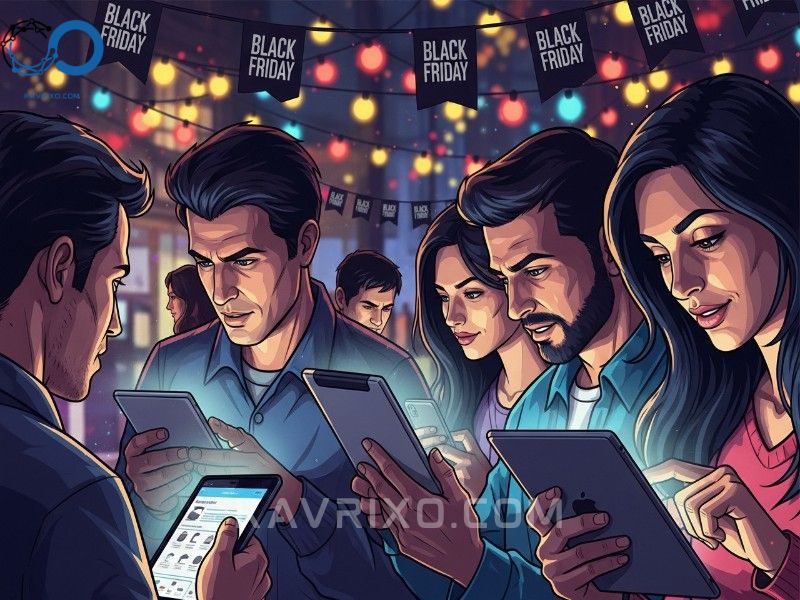 people-scrolling-black-friday-security-camera-deals-on-phones-under-festive-lights