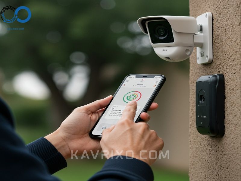 person-testing-outdoor-security-camera-signal-strength-with-a-mobile-phone