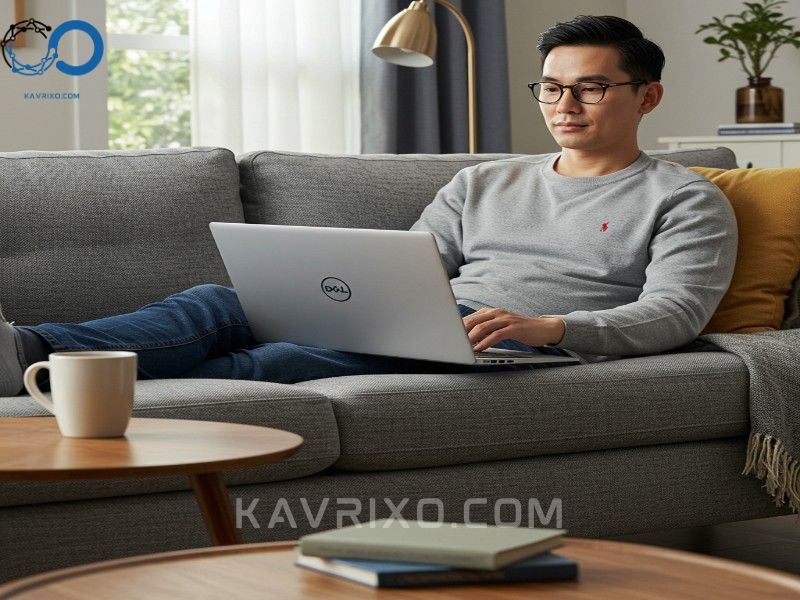 person-using-a-silver-dell-inspiron-16-laptop-on-a-sofa-for-home-use