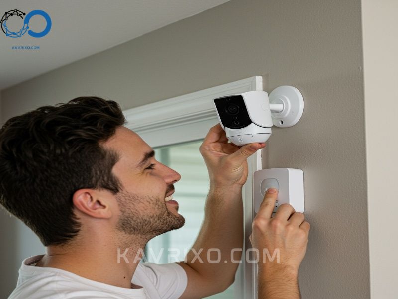 persona-amigable-instalando-una-camara-de-seguridad-y-sensor-de-movimiento-modernos-y-compactos