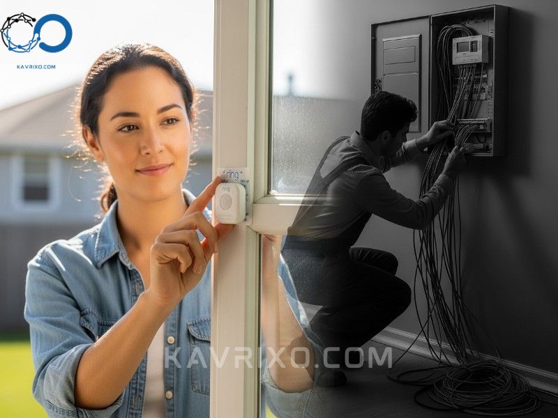 persona-instalando-sensor-ring-en-marco-de-ventana-contrastando-con-tecnico-cableando-panel-de-seguridad-complejo