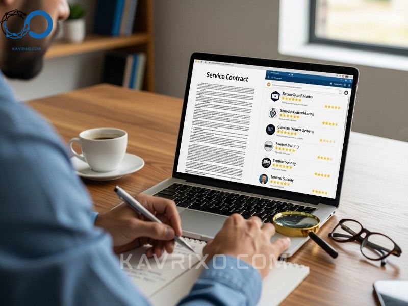 revisando-contratos-y-resenas-de-clientes-en-una-laptop-para-contratar-companias-de-alarmas