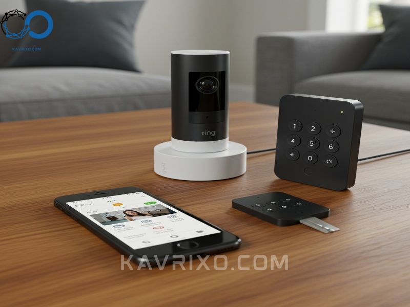 ring-alarm-base-station-and-keypad-on-a-wooden-table-next-to-a-smartphone-showing-the-ring-app