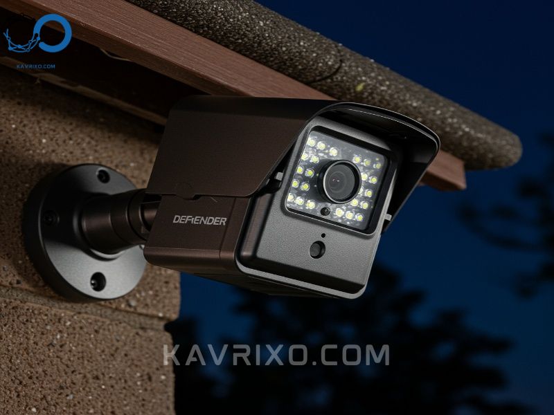 robust-weatherproof-casing-of-an-outdoor-defender-security-camera-emphasizing-durability-and-powerful-night-vision