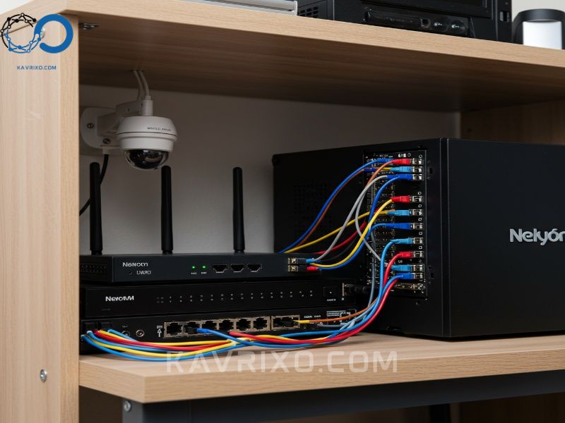 router-and-nvr-setup-with-multiple-wires-for-a-local-storage-security-camera-system