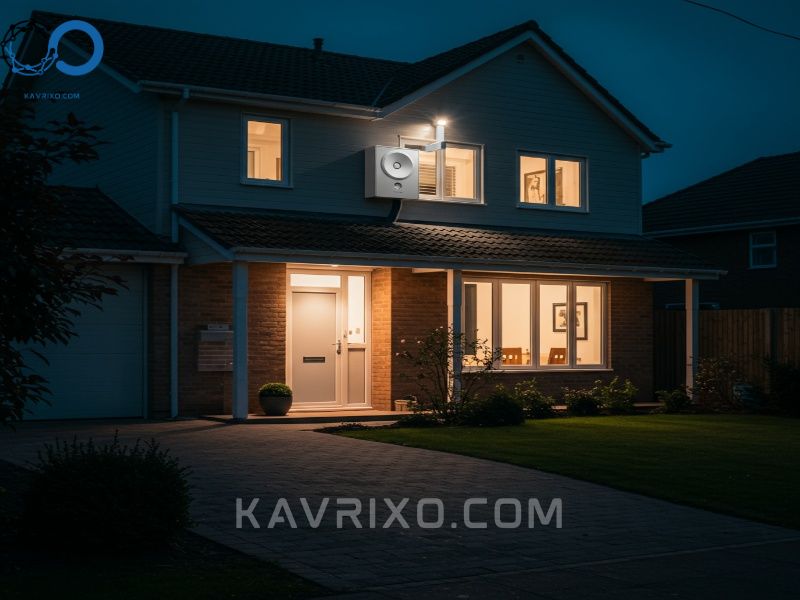 secure-suburban-home-at-night-protected-by-a-robust-external-wired-intruder-alarm-siren-and-security-lighting
