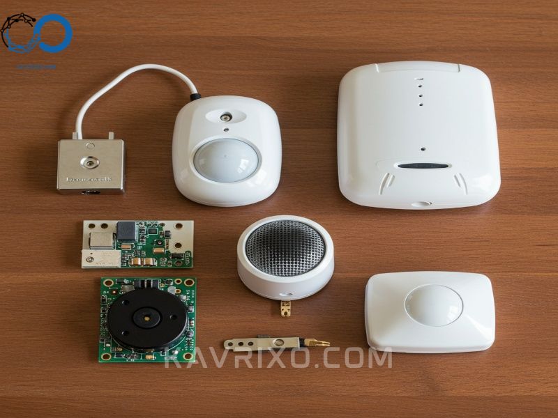 sensores-de-sistemas-de-seguridad-contacto-magnetico-pir-rotura-de-cristal-sobre-una-mesa