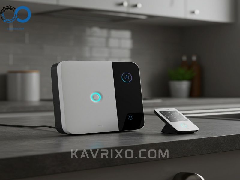 sleek-diy-home-security-hub-with-a-glowing-touchpad-sitting-on-a-kitchen-counter