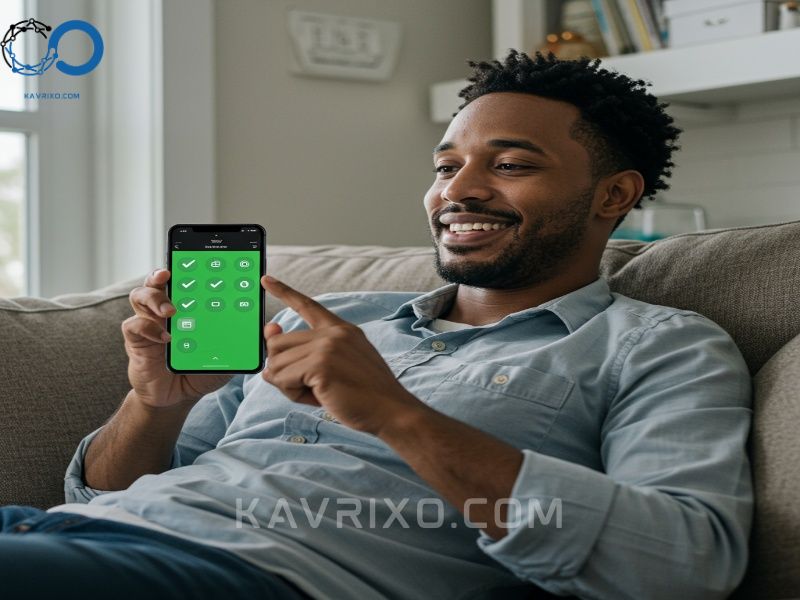 smiling-homeowner-checks-mobile-app-showing-green-checkmarks-for-a-secure-home-security-system