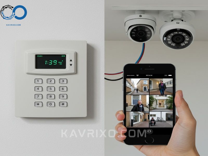 split-screen-of-a-traditional-alarm-keypad-and-a-modern-security-app-with-live-camera-feed