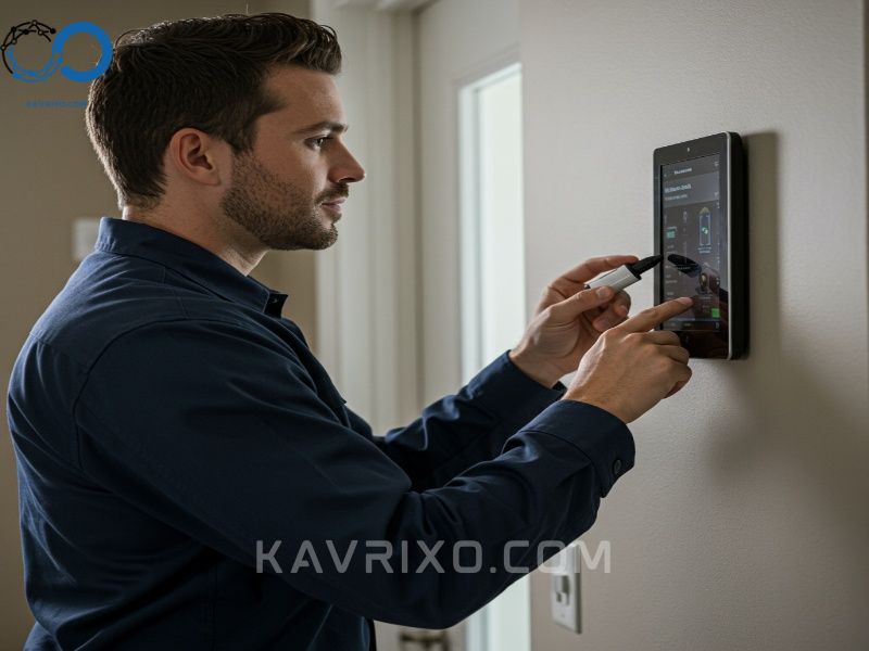 technician-maintaining-a-sophisticated-home-security-touch-screen-system-focusing-on-software-and-battery-health