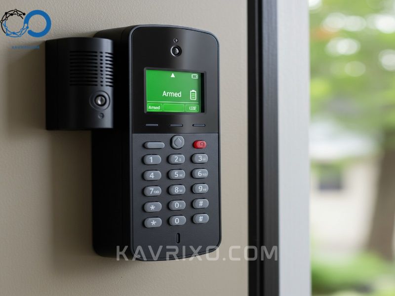 teclado-de-seguridad-profesional-montado-en-la-pared-mostrando-estado-armado-en-verde-y-bateria-de-respaldo