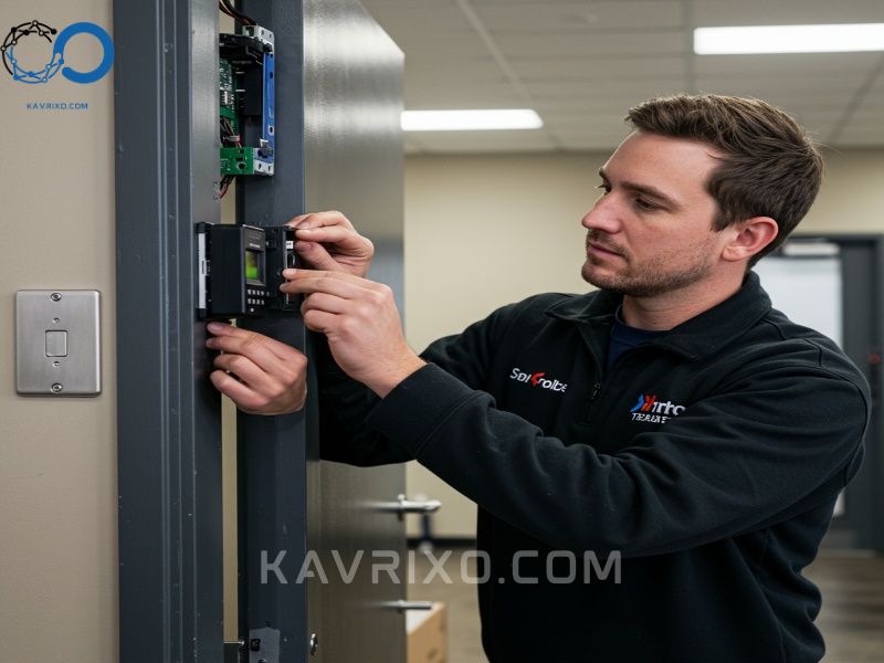 tecnico-de-seguridad-instalando-cuidadosamente-un-nuevo-lector-de-tarjetas-de-control-de-acceso-junto-a-un-marco-de-puerta