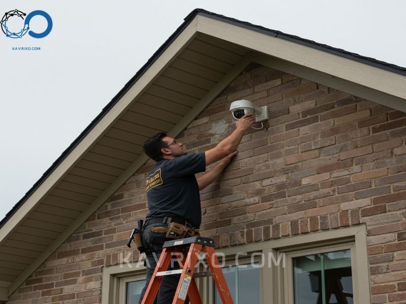 tecnico-uniformado-de-omaha-instalando-profesionalmente-una-camara-de-vigilancia-exterior-bajo-el-alero-de-una-casa