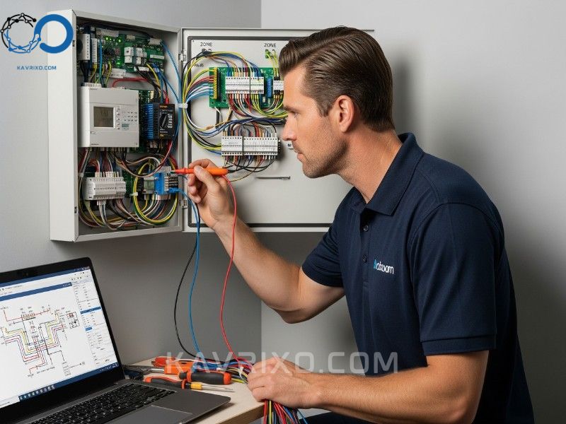 tecnico-uniformado-revisando-meticulosamente-el-cableado-dentro-de-un-panel-de-control-de-alarma-residencial