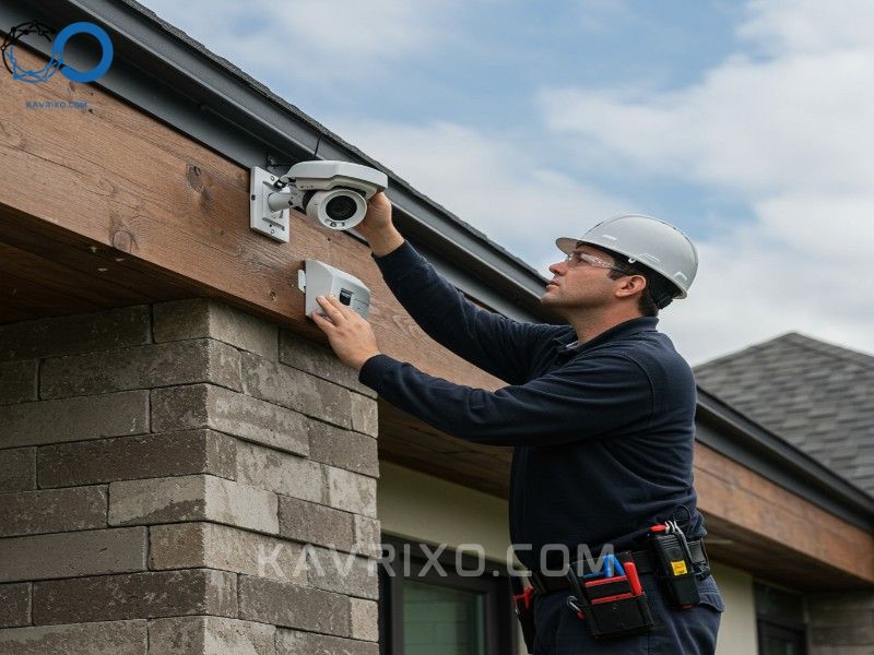 uniformed-technician-installing-a-security-camera-high-on-a-modern-house